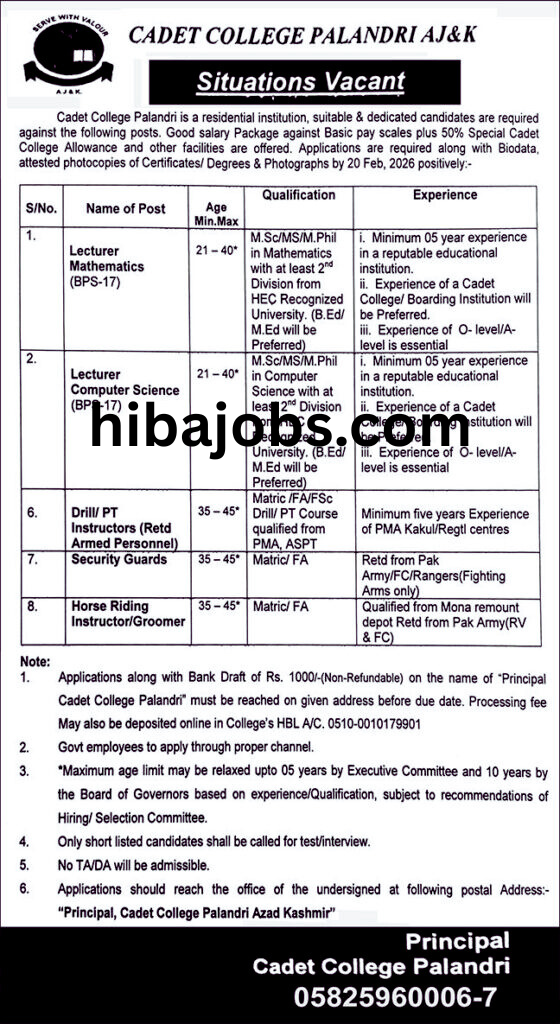 Cadet College Palandri Jobs 2026