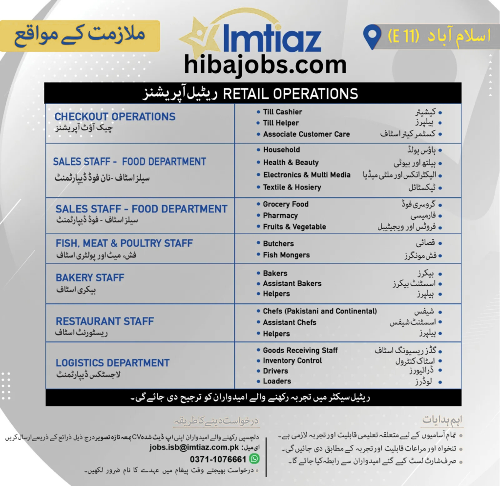 Imtiaz Shopping Mall Jobs 2026